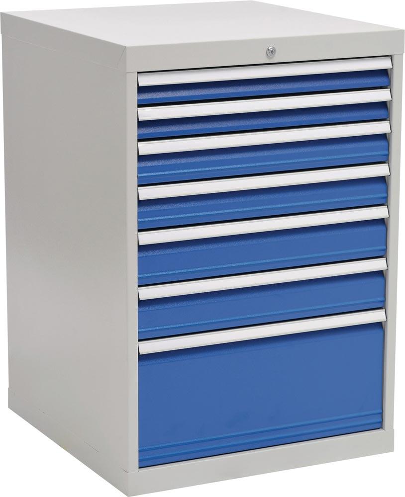 Schubladenschrank H1019xB705xT736mm lichtgrau/signalblau 7 Schubl. 2x75,2x100,2x125,1x300mm Vollauszug