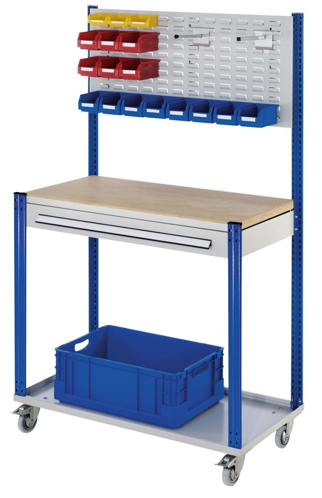 Workstation fahrbar, Arbeitplatte Buche-Multiplex, Lochplatte, 1 Schublade 100 mm hoch, BxTxH 1000x500x1730 mm, RAL 7035/5010