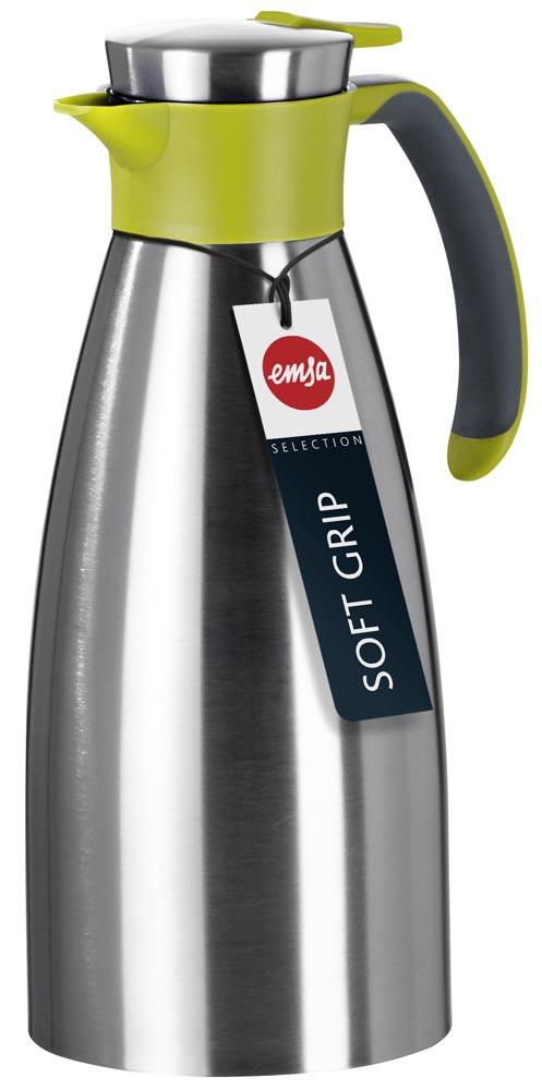 Isolierkanne SOFT GRIP, 1,5 l, mit rutschfestem Griff, Quick-Tip-Verschluss, Edelstahl/grün