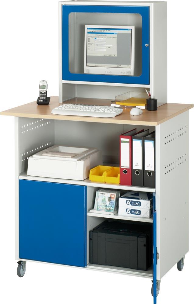 EDV-Schrank, Buche-Dekor-Platte 25 mm stark, fahrbar, links 1 Fach, rechts 2 Fächer, mit Monitorgeh. T 300 mm, BxTxH 1000x800x1100 mm, RAL 7035/5010