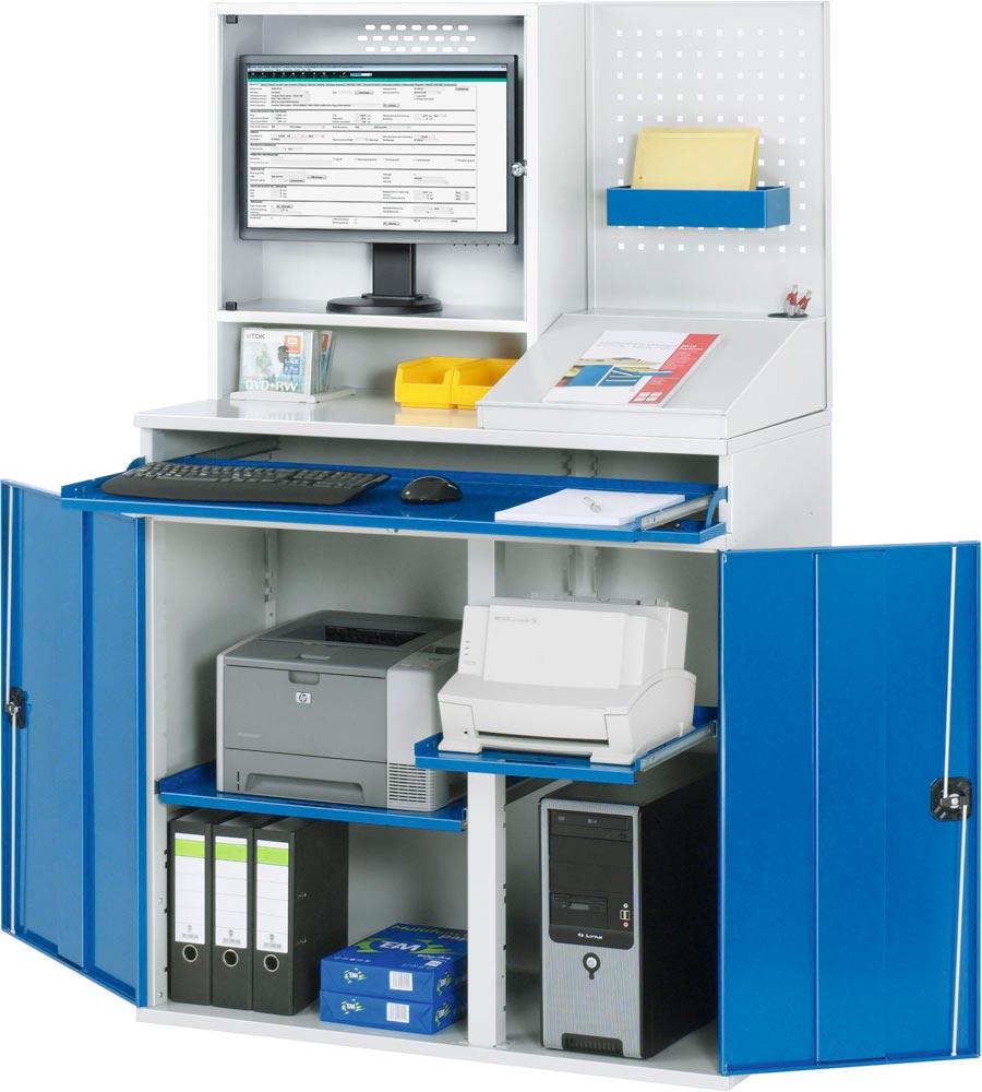 Schrank, BxTxH 1100x520x1060/1770 mm, 2 Auszugböden, Monitorgehäuse Tiefe 250 mm, Schreibaufsatz, Lochplattenaufsatz