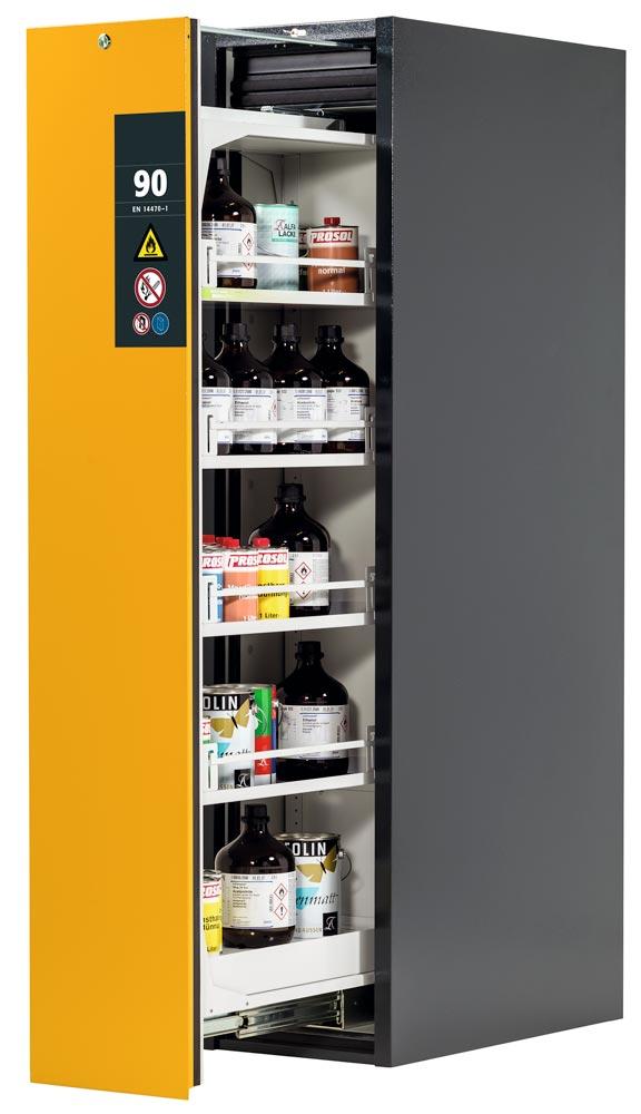 Sicherheitsschrank mit Vertikalauszug, Typ 90, BxTxH 450x860x1966 mm, 4xFachboden, 1xLochblecheinsatz, 1 Bodenwanne, RAL 7016/1004
