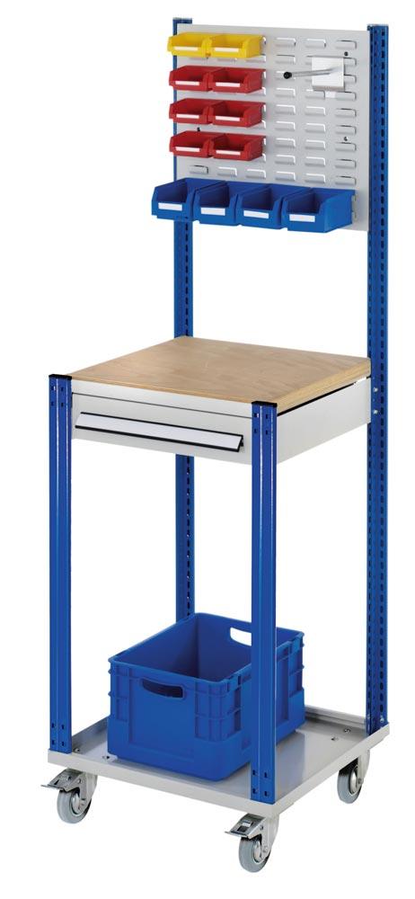 Workstation fahrbar, Arbeitplatte Buche-Multiplex, Lochplatte, 1 Schublade 100 mm hoch, BxTxH 500x500x1730 mm, RAL 7035/5010