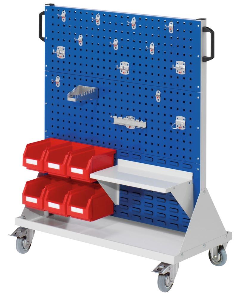 Werkstattwagen 4 Loch-/2 Schlitzplatten, 1 Hakensort. 15-tlg., 6 Kästen Größe 6, 1 Fachboden, BxTxH 1000x500x1230 mm, RAL 5010