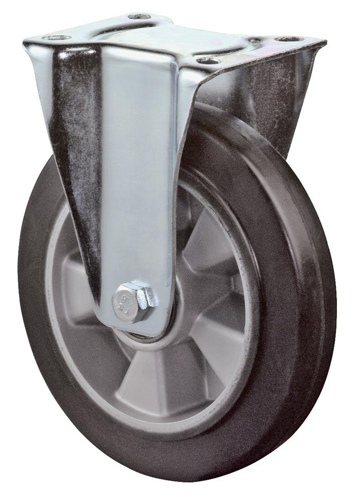 Transportgeräte-Bockrolle, Elastik-Vollgummi schwarz, Durchm. 200 mm, Traglast 350 kg, Kugellager, Anschraubplatte