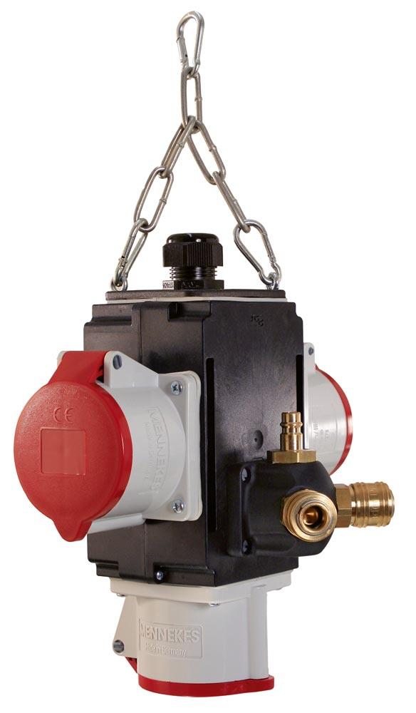 Energiewürfel, 3xCEE Steckdose 32A,400V, 5-polig, mit Druckluftanschluss, für Leitung 3x1,5 mm-5x6 mm
