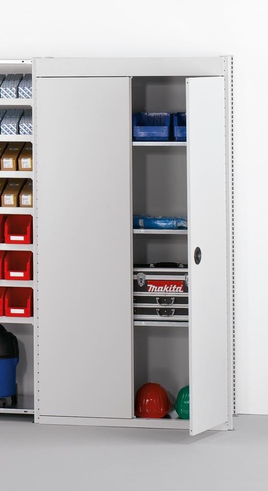 Kleinteile-Regalmodul 6, Anbaufeld, BxTxH 1000x500x2000 mm, 5 Böden verz. 150 kg, Seiten- + Rückwand, 1 Flügeltür, Anbaufeld