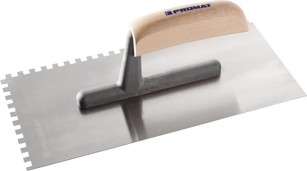 Glättekelle Länge 280 mm Breite 130 mm Zahnung 6x6 gehärtet, m. Buchenholzheft Stahl Stärke 0,7 mm