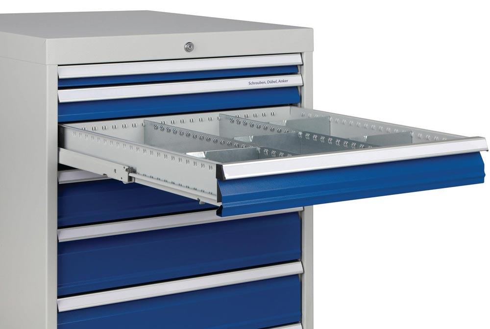 Schubladenschrank H1019xB705xT736mm lichtgrau/signalblau 7 Schubl. 2x75,2x100,2x125,1x300mm Vollauszug