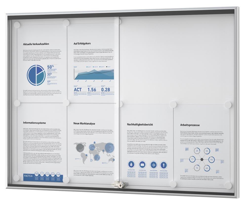 Schiebetürschaukasten, BxTxH 955x30x950 mm, 12xDIN A4, Alu-Profile, ESG, inkl. 4 Magnete