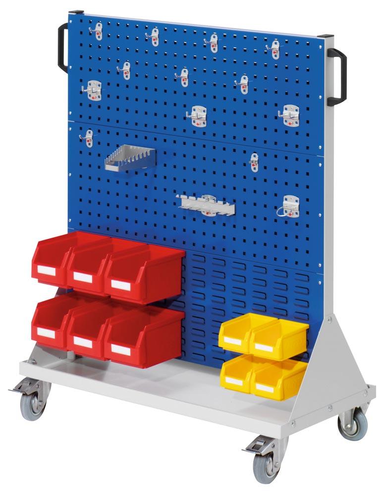 Werkstattwagen 4 Loch-/2 Schlitzplatten, 1 Hakensort. 15-tlg., Kästen 6xGröße 6, 4xGröße 7, BxTxH 1000x500x1230 mm, RAL 5010