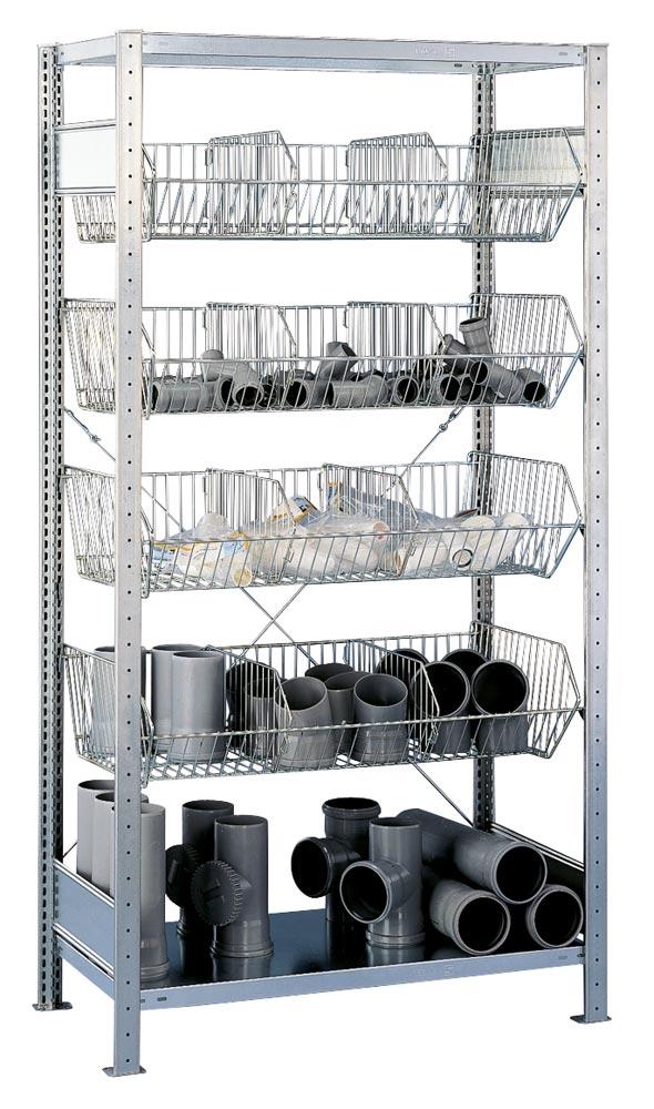 Kleinteileregal mit 5 Gitterkörben, Grundfeld, BxTxH 1060x500x2300 mm, verzinkt, Fachlast 150 kg