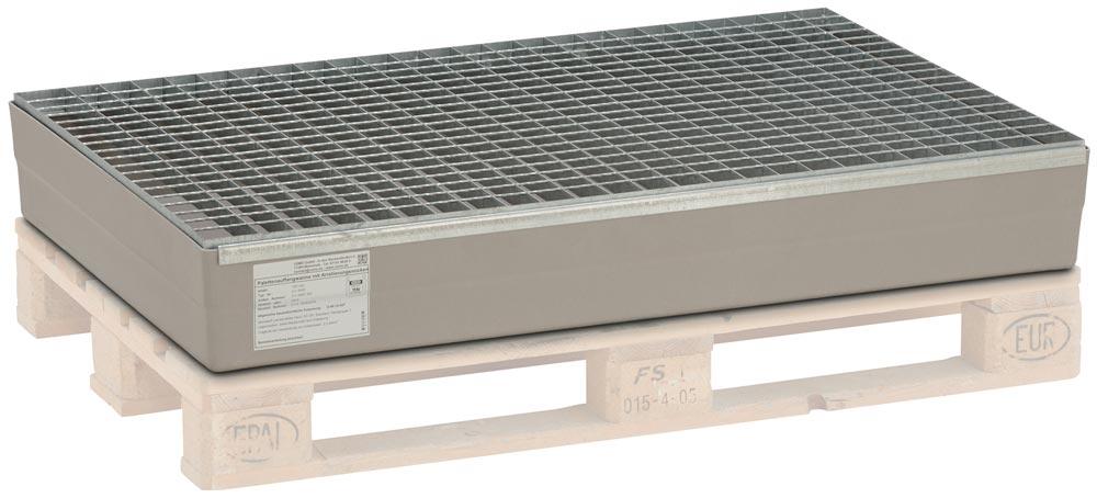 Auffangwanne aus GFK, für Europaletten, mit verzinkten Gitterrost und Arretierungsnocken, Auffangvolumen 140 l, BxTxH 800x1200x235 mm