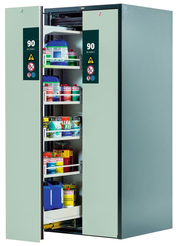 Sicherheitsschrank mit Vertikalauszug, Typ 90, BxTxH 819x860x1966 mm, 8xFachboden, 2xLochblecheinsatz, 2 Bodenwannen, RAL 7016/7035