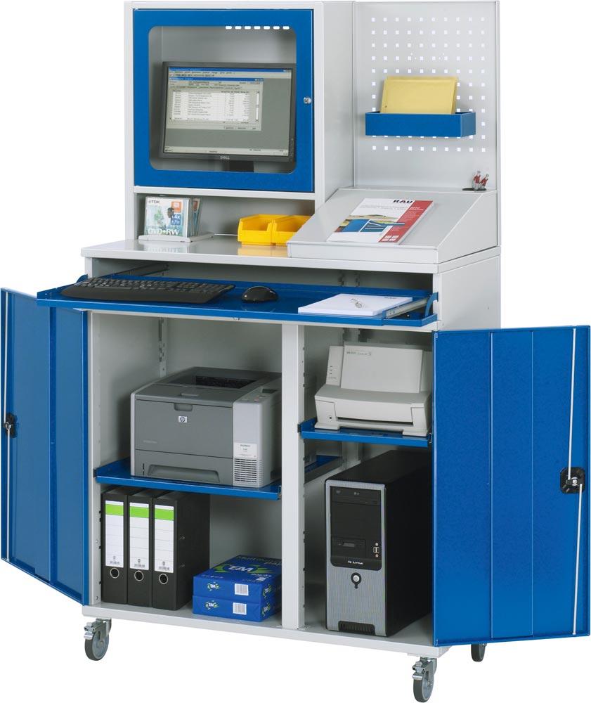 Schrank, BxTxH 1100x520x1185/1895 mm, 2 Auszugböden, Monitorgehäuse Tiefe 250 mm, Schreibaufsatz, Lochplattenaufsatz, Rollensatz, RAL 7035/5010