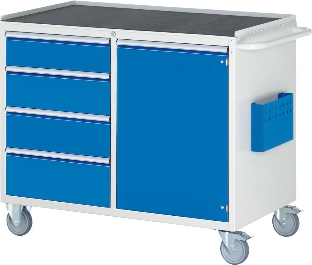 Montagewagen mit Metall Platte, BxTxH 1145x650x975 mm, 4 Schubladen 1x150, 2x180, 1x210 mm, 1 x Flügeltür 720 mm, RAL 7035/5010