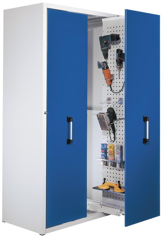Auszugschrank, 2 Vertikalauszüge mit 2 Lochplatten, BxTxH 1100x600x2000 mm, RAL 7035/5010