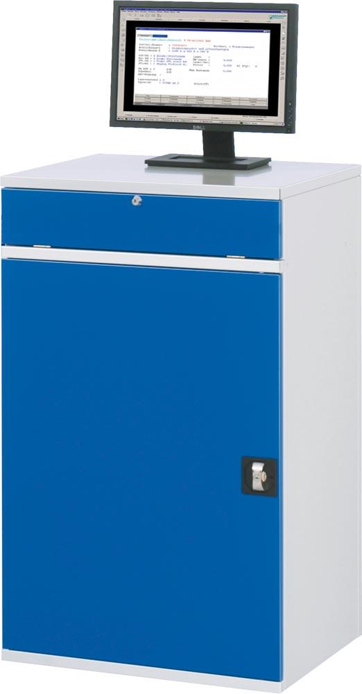 EDV-Schrank, BxTxH 650x520x1060 mm, 1 Auszugboden, 1 Tastenfach m. Klappdeckel, 1 Flügeltüre, RAL 7035/5010, stationär