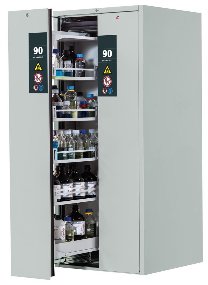 Sicherheitsschrank mit Vertikalauszug, Typ 90, BxTxH 819x860x1966 mm, 8xFachboden, 2xLochblecheinsatz, 2 Bodenwannen, RAL 7035