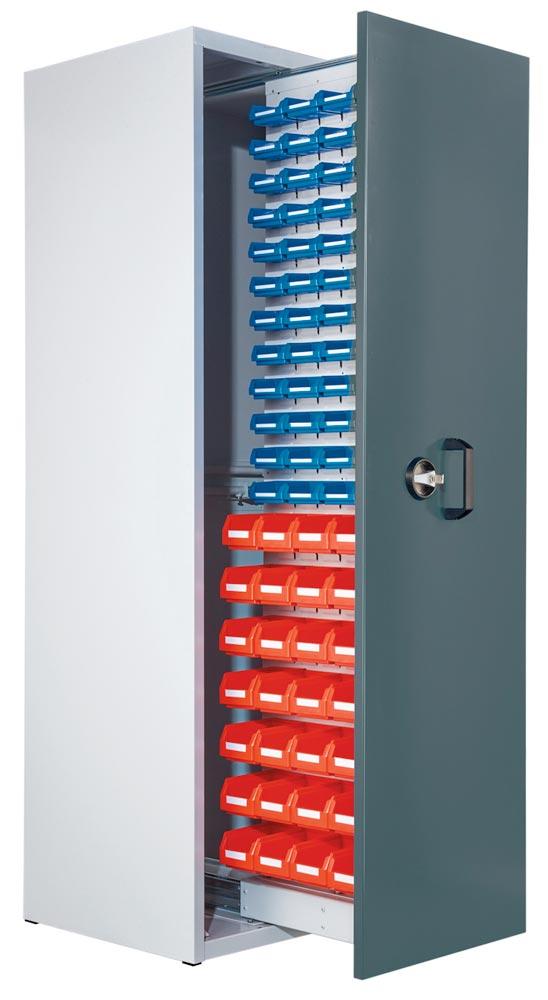Vertikalauszugschränke mit Schlitzpl., BxTxH 1100x600x2000 mm, RAL 7035 / RAL 7016,  inkl. Sichtlagerkästen (48 Stück Größe 8 und 28 Stück Größe 7)