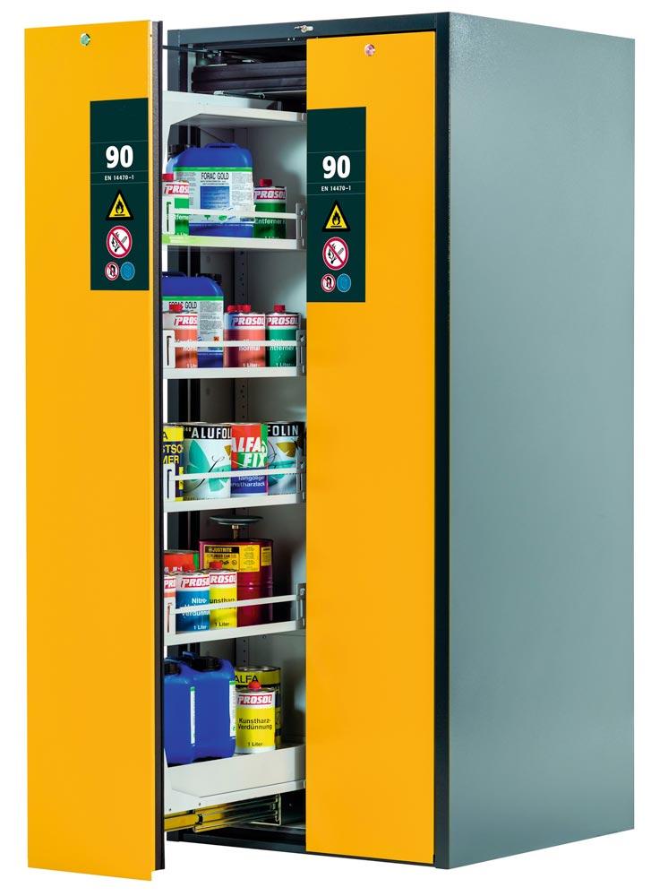 Sicherheitsschrank mit Vertikalauszug, Typ 90, BxTxH 819x860x1966 mm, 8xFachboden, 2xLochblecheinsatz, 2 Bodenwannen, RAL 7016/1004