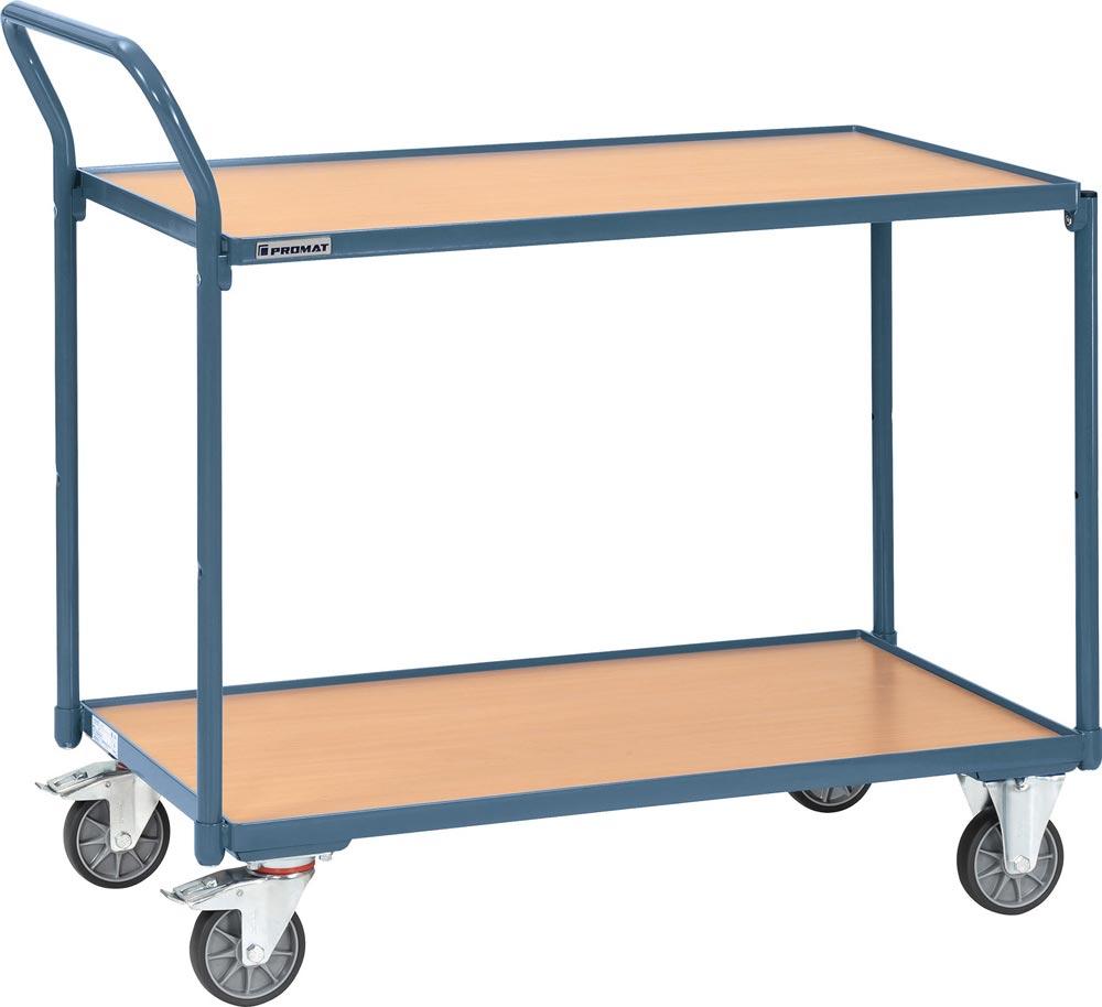 Tischwagen 2 Ladeflächen L850xB500mm taubenblau, RAL 5014 Trgf.300 kg Schiebebügel senkrecht