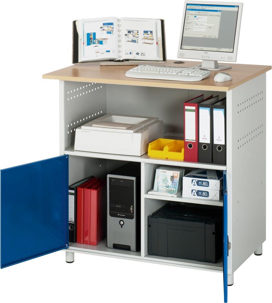 EDV-Schrank, Buche-Dekor-Platte 25 mm stark, stationär, links 1 Fach, rechts 2 Fächer, ohne Monitorgehäuse, BxTxH 1100x800x1100 mm, RAL 7035/5010