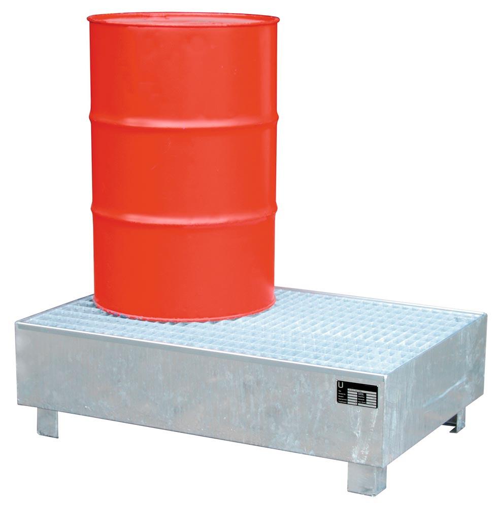 Auffangwanne, CO2 neutral, BxTxH 1200x800x365 mm, Auffangvolumen 215 l, 2x200-l-Fass, mit Gitterrost, verzinkt