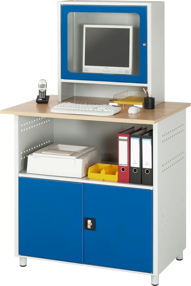 EDV-Schrank, Buche-Dekor-Platte 25 mm stark, stationär, links 1 Fach, rechts 2 Fächer, mit Monitorgeh. T 300 mm, BxTxH 1100x800x1100 mm, RAL 7035/5010