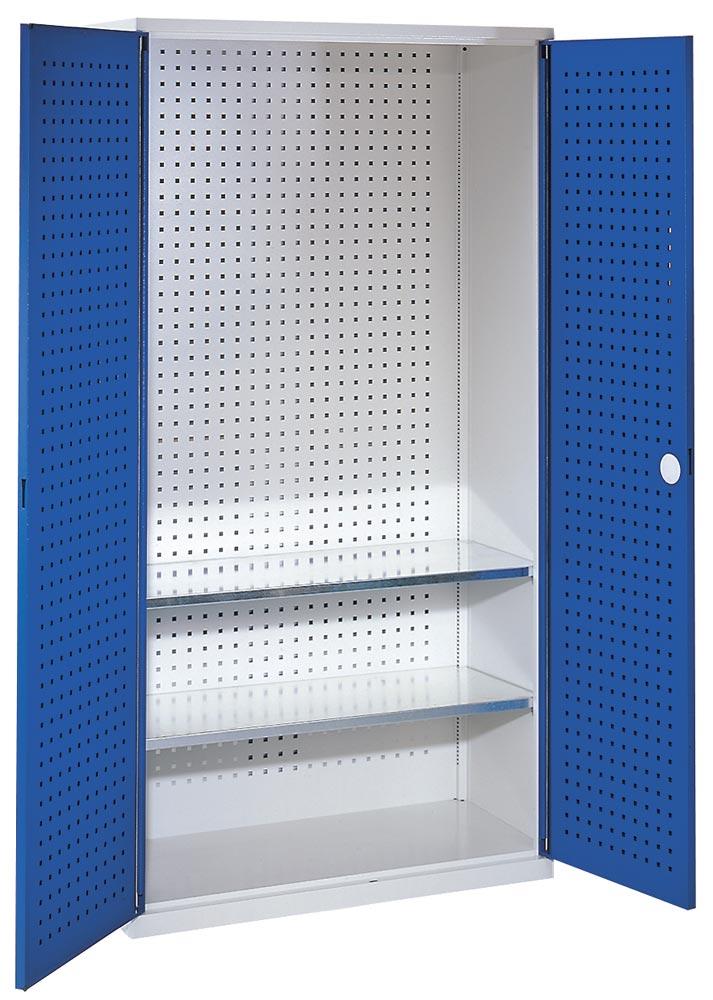 Werkzeugschrank, Türen mit Lochplatten, BxTxH 1000x410x1950 mm, 2 Fachböden, RAL 7035/5010