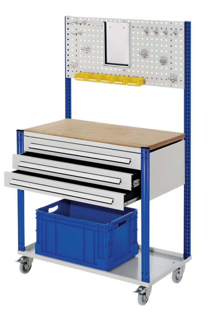 Workstation fahrbar, Arbeitplatte Buche-Multiplex, Lochplatte, 3 Schubladen je 100 mm hoch, BxTxH 1000x500x1730 mm, RAL 7035/5010