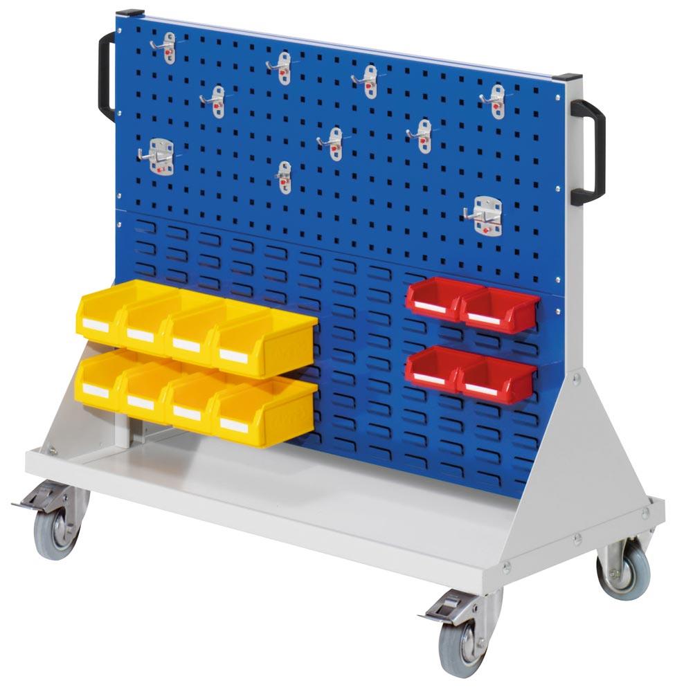 Werkstattwagen 2 Loch-/2 Schlitzplatten, 1 Hakensortiment 10-tlg., div. Kästen, BxTxH 1000x500x890 mm, RAL 5010