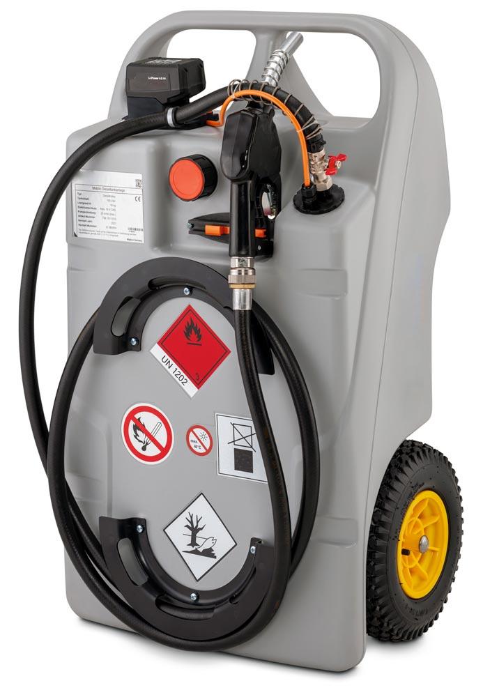 Dieseltrolley, Vol. 100 l, Elektropumpe 18 V, 25 l/min, CAS Akku 18 V, 2 Ah und Ladegerät ASC55, BxTxH 590x430x1000 mm