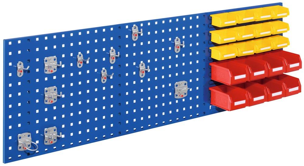 Einsteigerset, best. aus 1 Loch-/Schlitzplatte 1500x450 mm, 12-tlg. Werkzeughaltersort., 12 kl. + 8 gr. Lagersichtkästen, RAL 5010