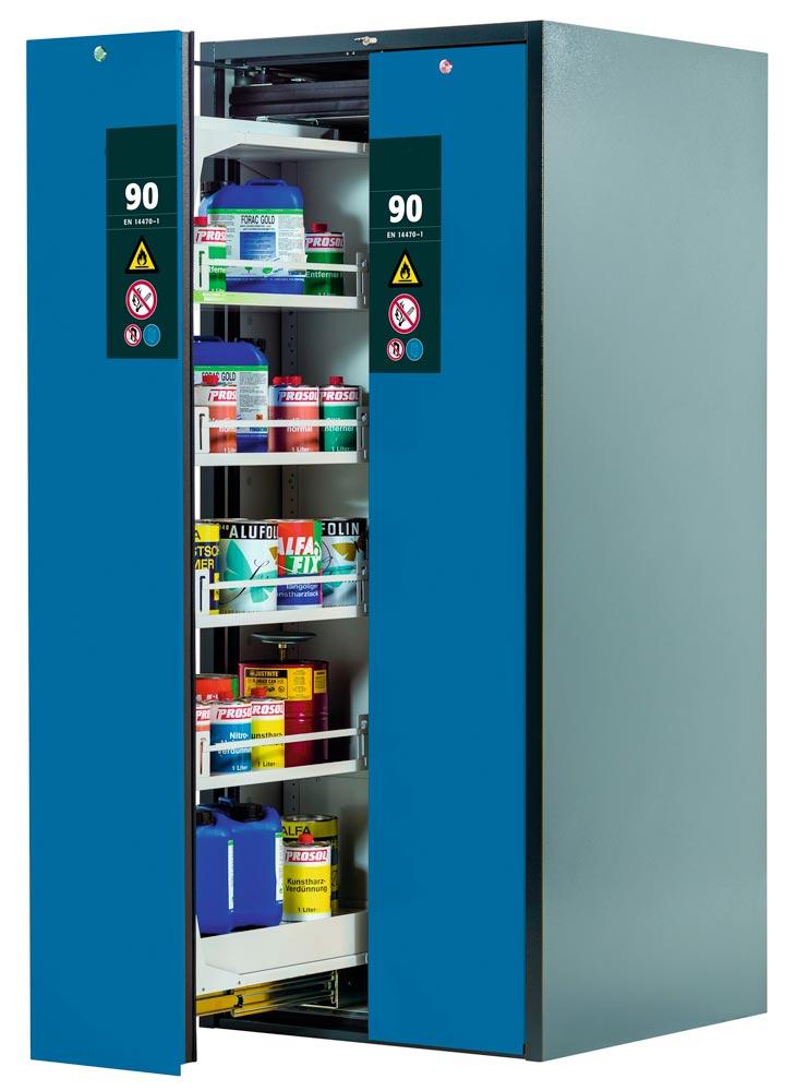 Sicherheitsschrank mit Vertikalauszug, Typ 90, BxTxH 819x860x1966 mm, 8xFachboden, 2xLochblecheinsatz, 2 Bodenwannen, RAL 7016/5010