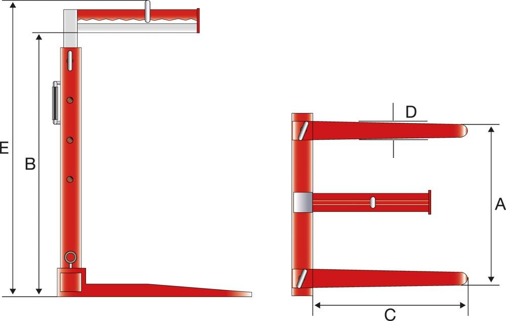 Kran- und Ladegabel, automatischer Gewichtsausgleich, Zinkenverstellbereich 350-900 mm, Gesamthöhe 1600-2300 mm, Traglast 1500 kg
