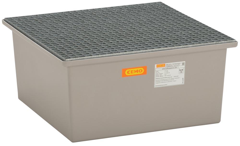 Auffangwanne aus GFK, mit verzinktem Gitterrost, Auffangvolumen 210 l, BxTxH 850x850x400 mm