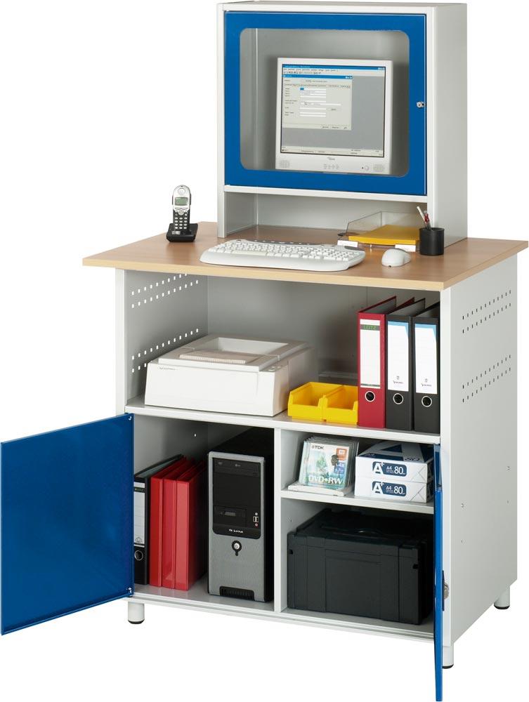 EDV-Schrank, Buche-Dekor-Platte 25 mm stark, stationär, links 1 Fach, rechts 2 Fächer, mit Monitorgeh. T 300 mm, BxTxH 1100x800x1100 mm, RAL 7035/5010