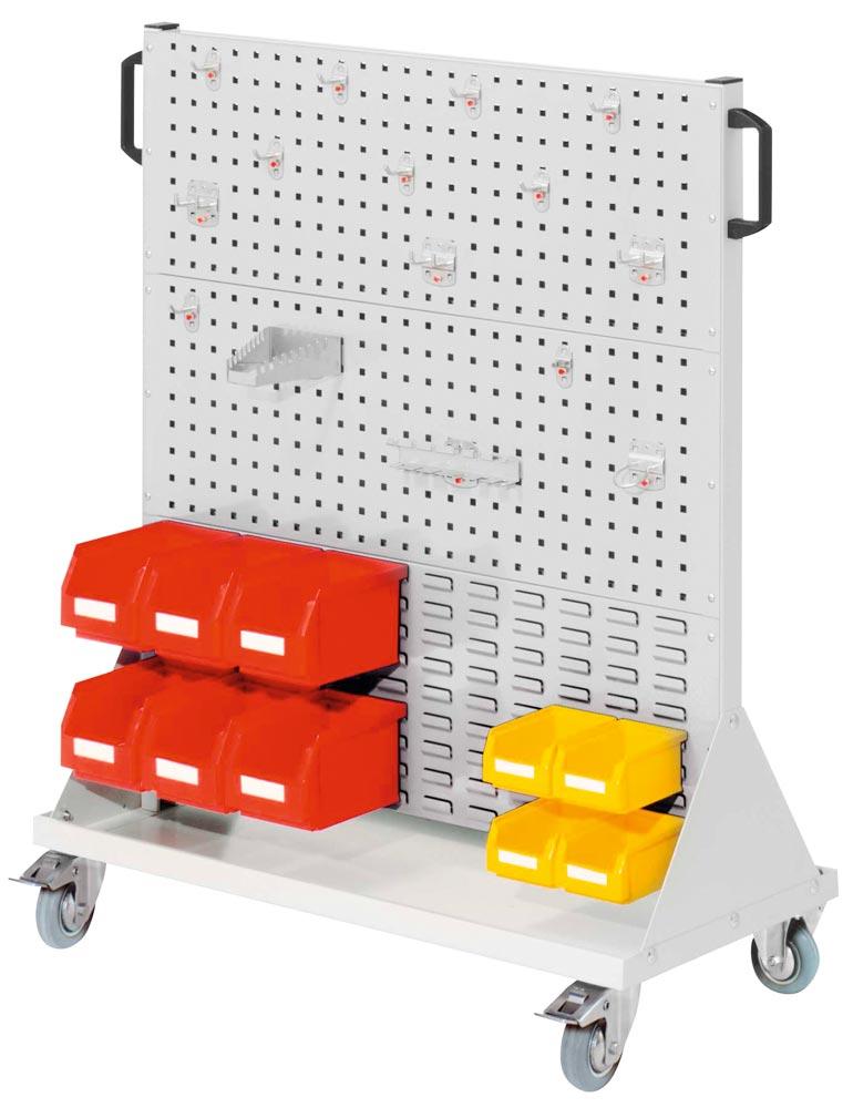 Werkstattwagen 4 Loch-/2 Schlitzplatten, 1 Hakensort. 15-tlg., 6 Kästen Größe 6, 1 Fachboden, BxTxH 1000x500x1230 mm, RAL 7035