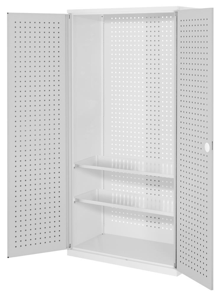Werkzeugschrank, Türen mit Lochplatten, BxTxH 1000x500x1950 mm, 2 Fachböden, RAL 7035