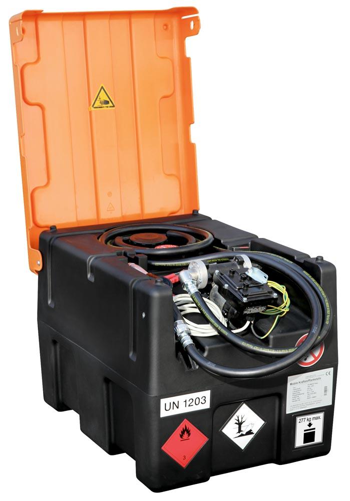Mobile Benzintankstation, Vol. 120 l, Elektropumpe 12 V, 25 l/min, Zapfpistole, Kappdeckel, BxTxH 800x600x470 mm, Gewicht 36 kg