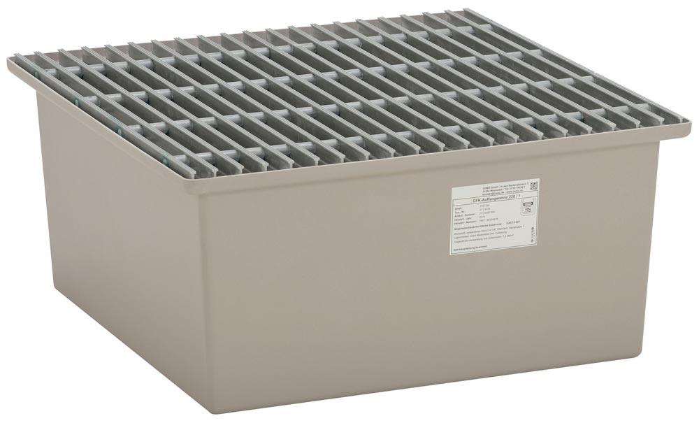 Auffangwanne aus GFK, mit GFK-Gitterrost, Auffangvolumen 210 l, BxTxH 850x850x400 mm