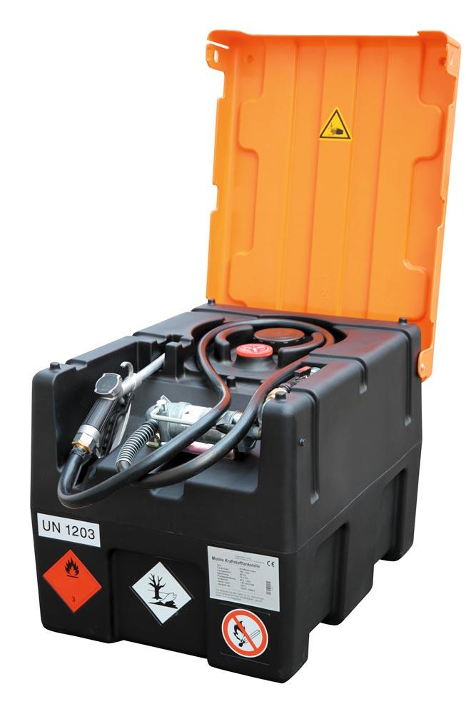 Mobile Benzintankstation, Volumen 190 l, mit Handpumpe, BxTxH 800x600x610 mm, Gewicht 28 kg, mit Klappdeckel
