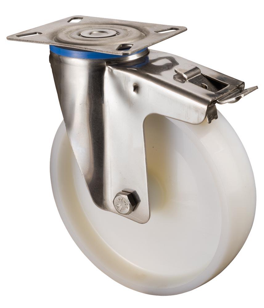 Edelstahl-Transportgeräte-Lenkrolle m. Festst., Kunststoff weiß, Durchm. 100 mm, Traglast 130 kg, Gleitlager, Anschraubplatte