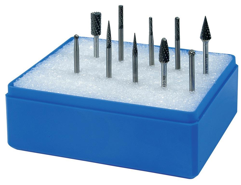 Kleinfrässtiftesatz Schaft-Ø 3 mm 10-teilig Hartmetall Verzahnung Kreuz Kunststoffkassette