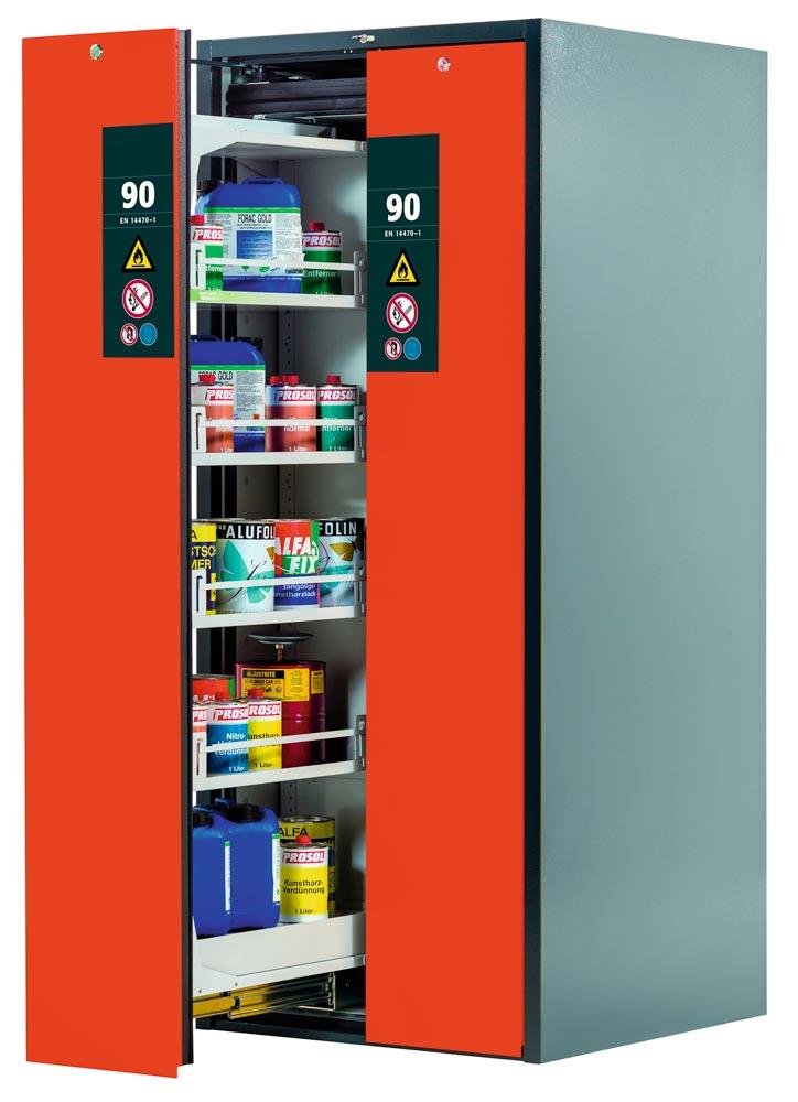 Sicherheitsschrank mit Vertikalauszug, Typ 90, BxTxH 819x860x1966 mm, 8xFachboden, 2xLochblecheinsatz, 2 Bodenwannen, RAL 7016/3020