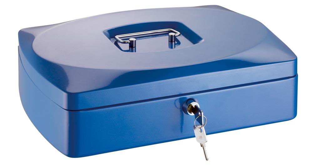 Geldkassette, BxTxH 255x200x90 mm, Stahlblech, Kunststoffeinsatz, Zylinderschloss, blau