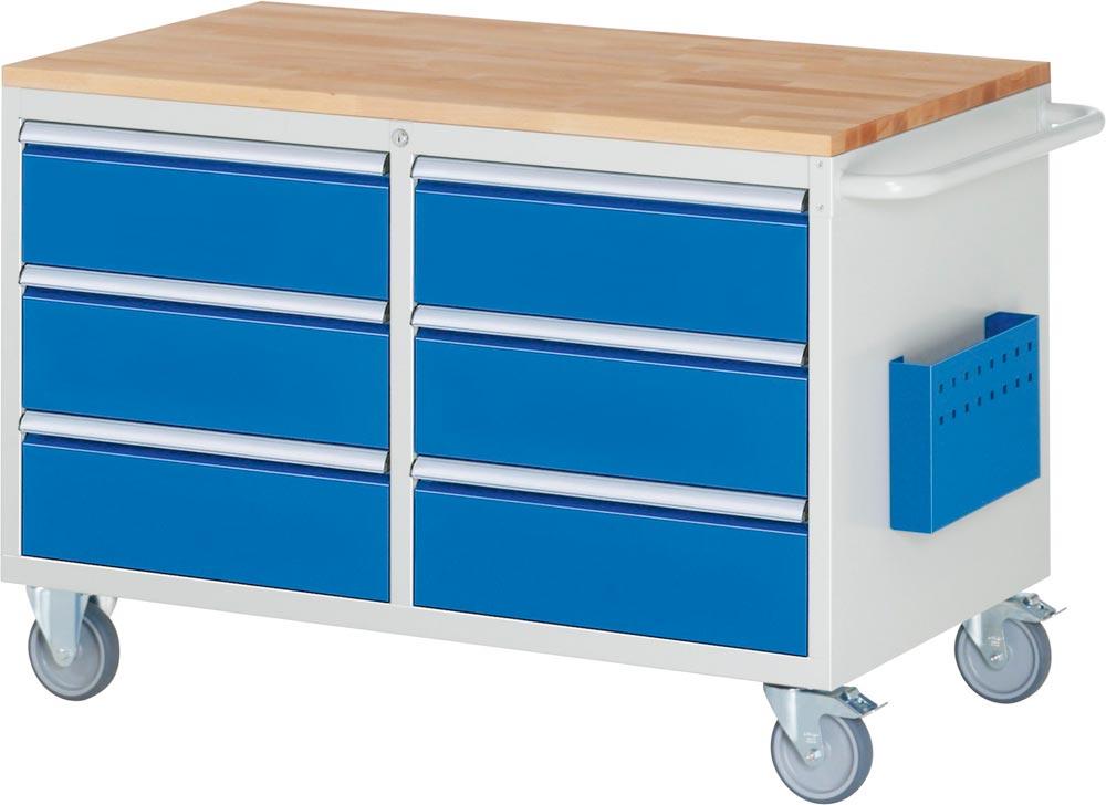 Montagewagen mit Buche Platte 25 mm, BxTxH 1145x650x795 mm, 6 Schubladen 180 mm, RAL 7035/5010
