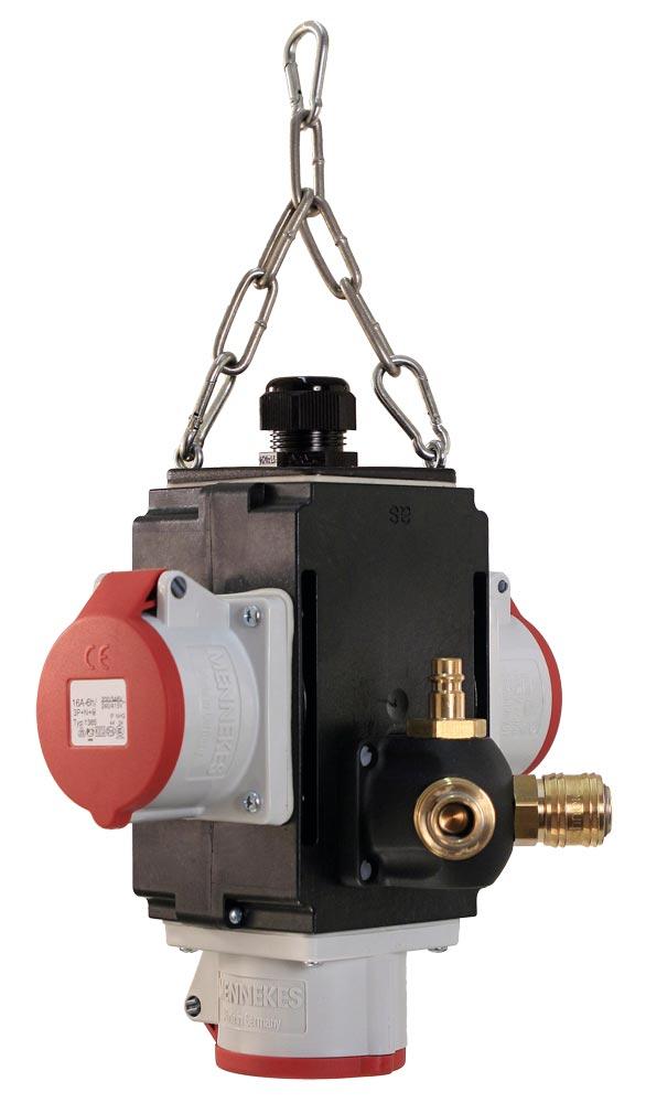 Energiewürfel, 3xCEE Steckdose 16A, 400V, 5-polig, mit Druckluftanschluss, für Leitung 3x1,5 mm-5x4 mm