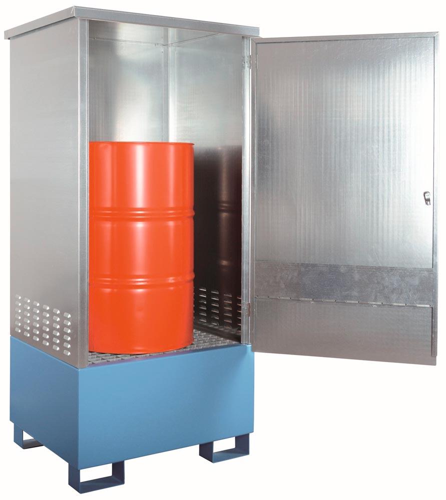 Auffangwanne mit Aufbau für 1x200l Fass, BxTxH 900x750x1900  mm, Auffangvol. 220 l, lackiert, Aufbau verzinkt